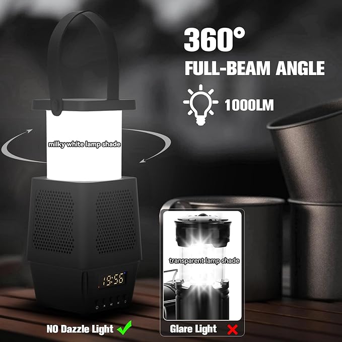 AVANLO 3 in 1 Small Camping Lantern Lamp Bluetooth Speaker for Hiking Portable,Rechargable Outdoor Table Lamp Dimmable Night Light Clock Battery Operated(Included) Cordless Emergency Light 7200mAh