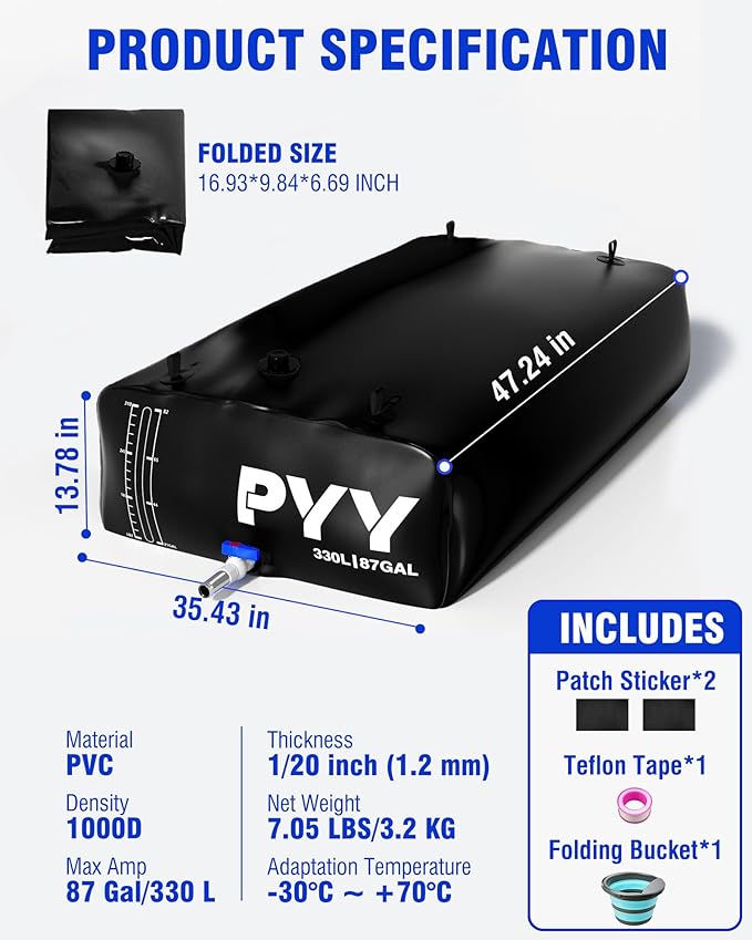 PYY Portable 87 Gallon Water Bladder - Truck Bed & Carrier Cart Water Bob Bathtub Emergency Water Bladders for Outdoor RV & Car Camping Water Bladder Tank with Spigots and Overflow Kit-Black 330L