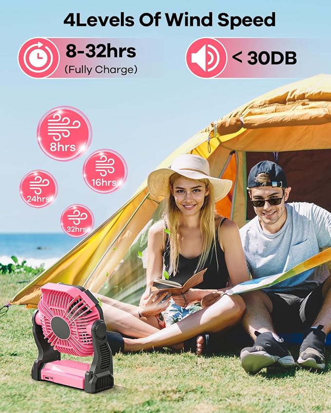 20000mAh Rechargeable Camping Fan with LED Lantern,Portable Battery Powered Outdoor Fan for Bedroom,Camping,Travel,Hiking,Beach,Office,Trave Accessories(Pink)