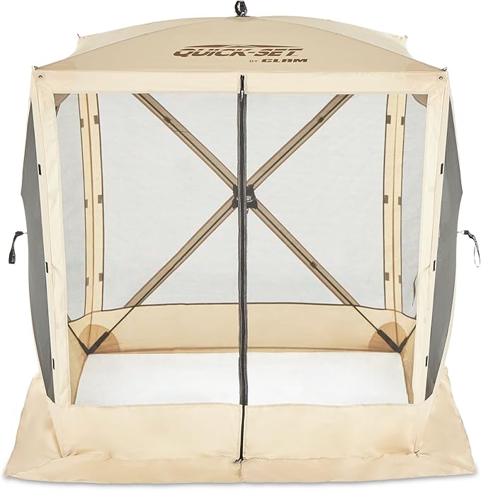 CLAM Pop Up Screen Tent, Outdoor Camping Gazebo Canopy, Traveler, 6' x 6', Tan