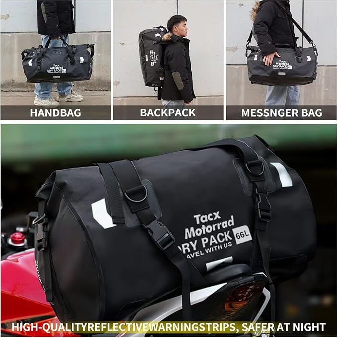 Waterproof Duffel Bag for Men/Women, Roll-top Dry Backpack Duffel Bag with Quick-fixed Straps, Motorcycle Tail Saddle Bag for Motorcycling, Rafting, Boating, Kayaking, Travel, 66L-Black