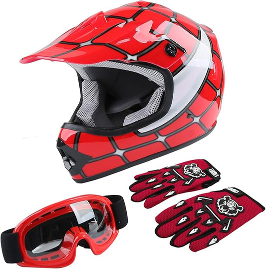 TCT-MOTORPARTS DOT Youth Motorcycle Four Wheeler Riding Racing Helmet Kids Motocross ATV Helmets Offroad Street Dirt Bike Go-Kart BMX MX Full Face Helmet Red Spider Medium Size