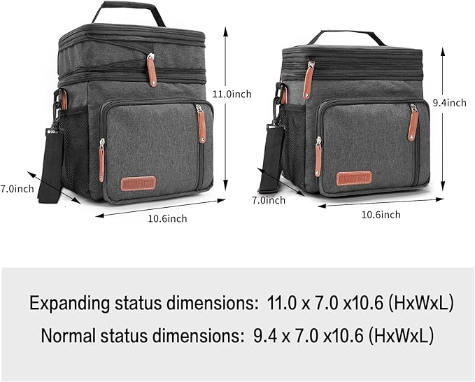 Men's Double/Women's Compartment Lunch bag, Insulated Lunch Cooler Tote 2 Roomy Large Reusable Water-resistant Lunch box (black)