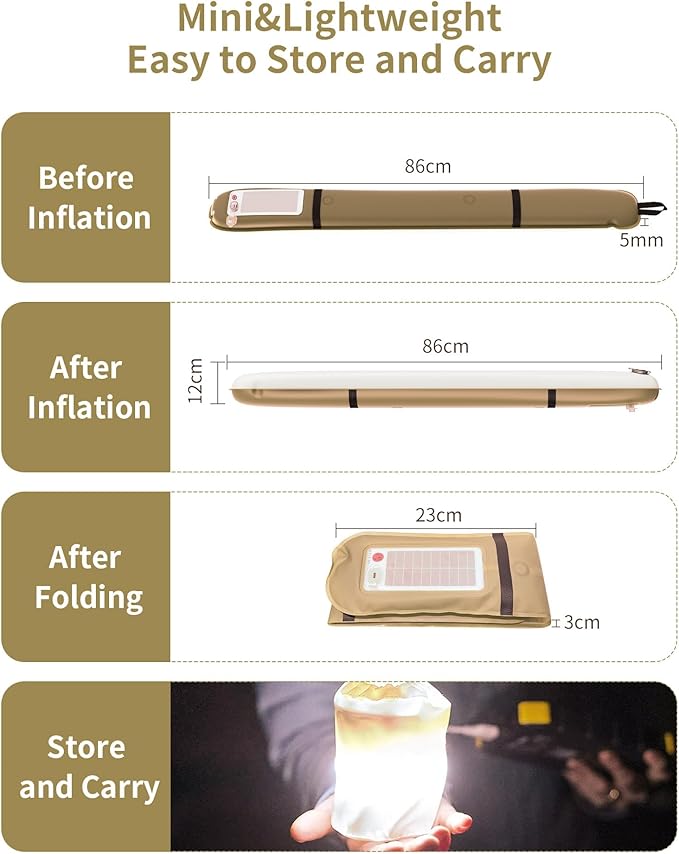 Solar/Type-C Rechargeable Camping Light Bar, IP66 Waterproof LED Tube, TPU Ultralight Electric Light, 2000mAh Foldable Inflatable Outdoor Tent Light for Camping, Hiking, Traveling, Party (Khaki 2 PCS)