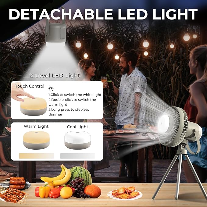 Camping Fan with Removable Lantern, 8000mAh Battery Powered Fan with Hook, Tripod, Outdoor Rechargeable Fan Adjustable 3 Speeds Small Portable Tent Fan for Car Fishing Office Sleep