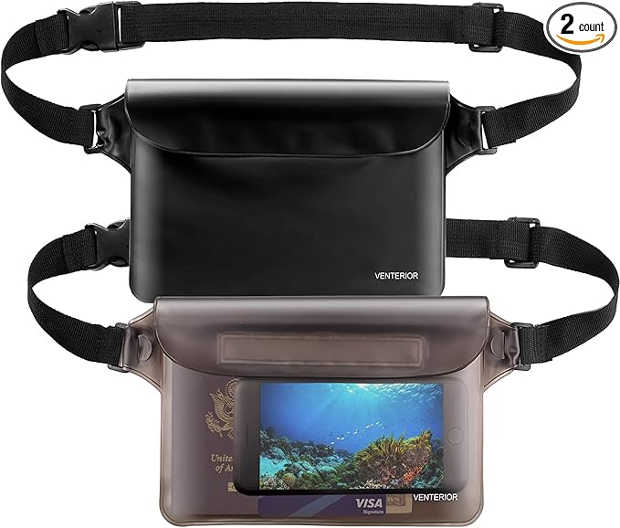 Waterproof Waist Pouch 2-Pack | Beach Accessories Fanny Pack for Swimming Snorkeling Sailing Kayaking Beach Pool Water Parks | Keep Your Phone Wallet Safe and Dry (White & Black)