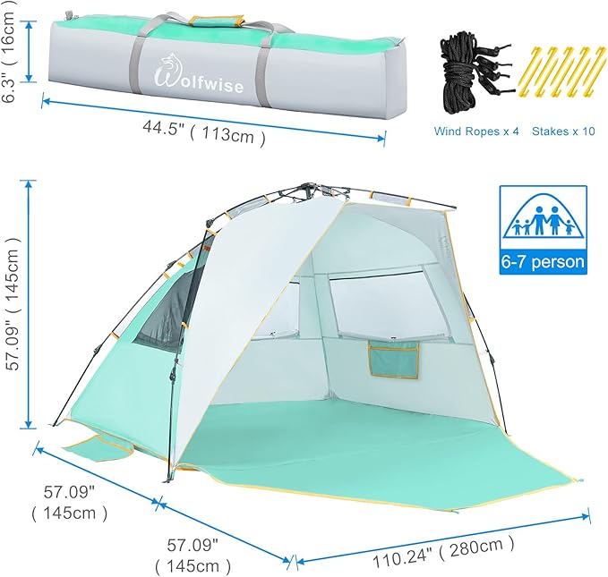 WolfWise 6-7 Person Easy Up Beach Tent UPF 50+ Portable Instant Sun Shelter Canopy Umbrella with Extended Zippered Porch, Mint Green