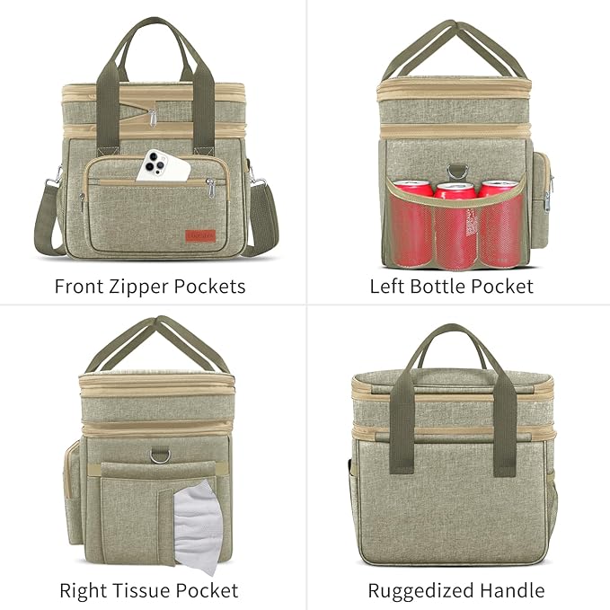 Expandable Insulated Large Cooler Lunch Box for Men 23L Heavy Duty Double Deck Leakproof Lunch Bag with 4 Ice packs&8 Snack Bags for Adult/Construction/Women/Work/Picnic/Camping -Khaki