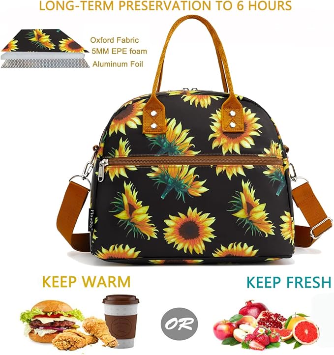 FlowFly Insulated Lunch Bag With Shoulder Strap for Women, Men, and Kids, Large and Reusable, Handle, Freezable Work and School Travel Tote and Meal Prep Organizer,Sunflower
