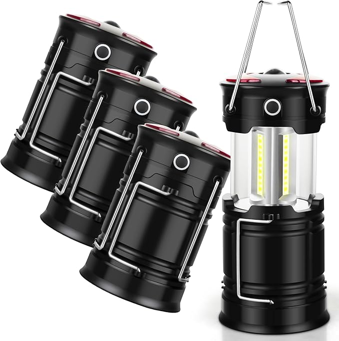 4 Pack Lantern Camping Essentials Lights, Led Flashlight for Power Outages, Tent Lights for Emergency, Survival Gear and Supplies for Hurricane, Rechargeable and Battery Powered Operated Lamp