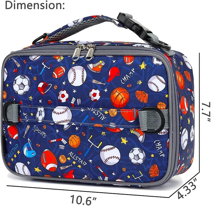 FlowFly Kids Lunch Bag, Durable Insulated School Lunch Box with Shoulder Strap and Bottle Holder, Water-resistant Thermal Small Lunch Cooler Tote for Teen Boys & Girls,Rugby