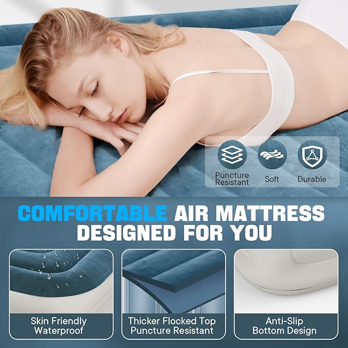 Queen Air Mattress with Built-in Pump,Fast & Easy Inflation/Deflation Inflatable Mattress, Foldable Blow Up Mattress with Storage Bag, Inflatable Bed for Home, Camping & Guests