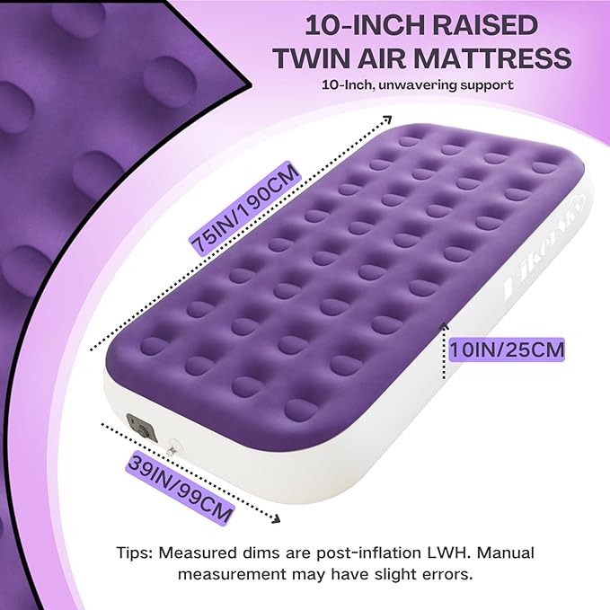 Twin Air Mattress with Built in Pump,10" Blow up Air Bed, 2 Mins Quick Self-Inflation/Deflation, Foldable Inflatable Mattress for Home/Travel, 10'' Twin Purple