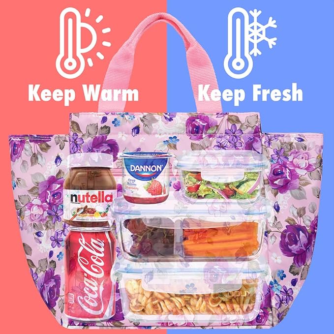 opux Lunch Bag for Women, Insulated Lunch Box Tote for Girls Kids Adult School Work, Reusable Womens Lunch Tote for Office Travel, Cute Small Lunch Tote, Fits 12 Cans - Pink Floral Purple