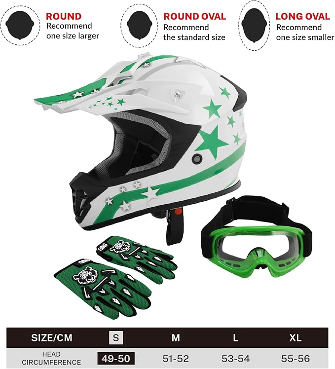 TCT-MOTORPARTS DOT Youth Kids Motocross ATV Helmets Offroad Street Dirt Bike Go-Kart BMX MX Full Face Helmet White w/Green Star Samll Size