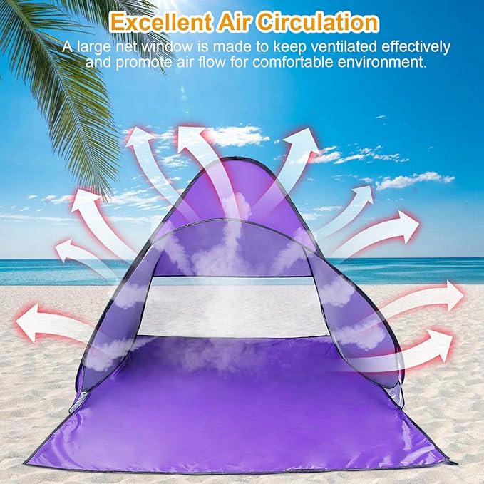 Pop Up Beach Tent for 2-3 Person, UPF50+ Anti-UV Sun Shelter w/Storage Bag, Portable Waterproof Instant Sun Shade Canopy for Outdoor Beach Camping Hiking Travel Family, Purple