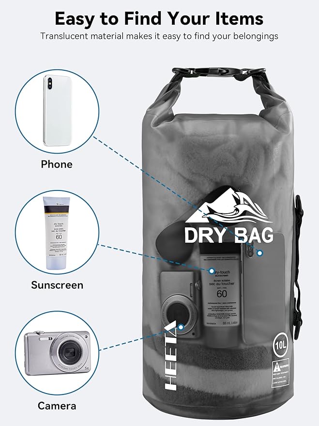 HEETA Dry Bag Waterproof for Women Men, 5L/10L/20L/30L/40L Roll Top Lightweight Dry Storage Bag Backpack with Phone Case for Travel, Swimming, Boating, Kayaking, Camping & Beach, 11 Transparent Colors
