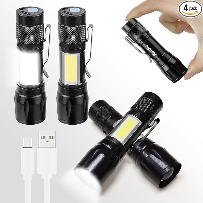 KunHe Rechargeable Flashlights USB-C Stocking Stuffers Small LED Lantern Flashlights Bright Clip-On Light EDC Flash Light with Side COB Light for Camping Home Emergency 4 Pack