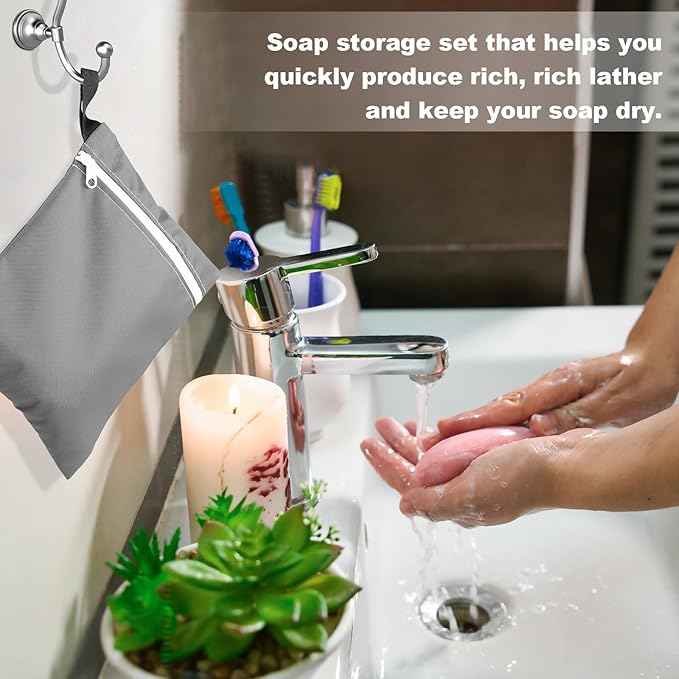 4 Pcs Travel Soap Bar Bag Waterproof & Leakproof Soap Dish Case with 4 Pcs Foaming Nets Multifunctional Toiletry Shower Gym Essentials Quick Dry Pouch for Camping Enthusiasts(Gray)