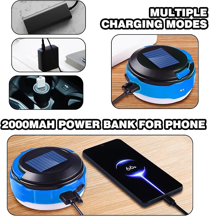 LED Rechargeable Camping Latern -Blue Solar Power Tent Light with 7 Light Modes, Power Bank, USB Charger Outdoor, Hiking, Home and Powered Emergency Failure Hurricane Hanging