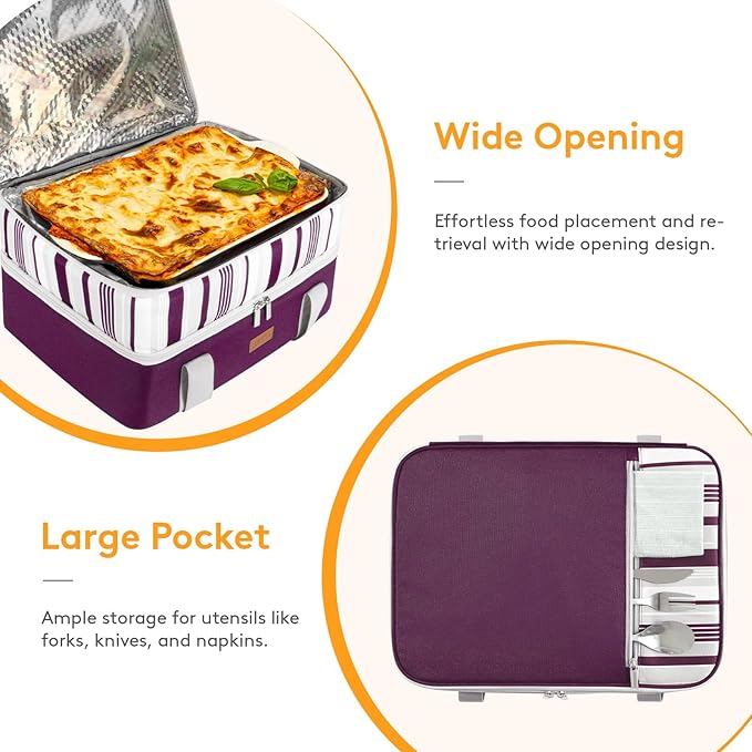 Double Decker Insulated Casserole Carrier for Hot or Cold Food, Lasagna Lugger Tote for Potluck Parties/Picnic/Cookouts, Fits 9"×13" Baking Dish, Purple