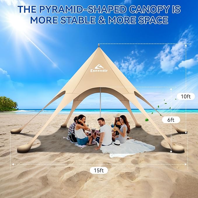 Beach Tent Sun Shelter & Portable Beach Canopy UPF 80+ UV Protection, Beach Shade Canopy with 6 Sandbags, Sand Shovel Ground Pegs for Outdoor Camping, Picnics (Beige,12x12FT)