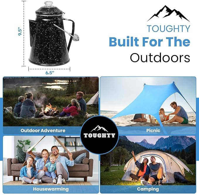 Toughty Enamel Coffee Percolator - Stovetop Coffee Maker for Camping, Open Fire, Grill, or Stove - Vintage Coffee Pot - Durable Old-Fashioned Metal Percolator w/ 2 Cups & 12 Coffee Filters - Black