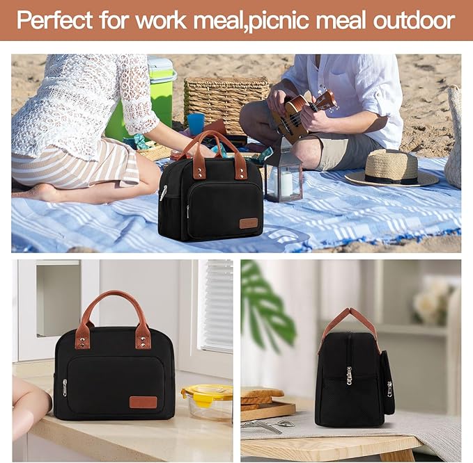 Lunch Bag Women,Insulated Lunch Box Lunch Bag for Women Men Work Adult Cute Small Lunch Tote Bag, Large Capacity Reusable Cooler Containers for Travel Picnic Office or Beach (Black)