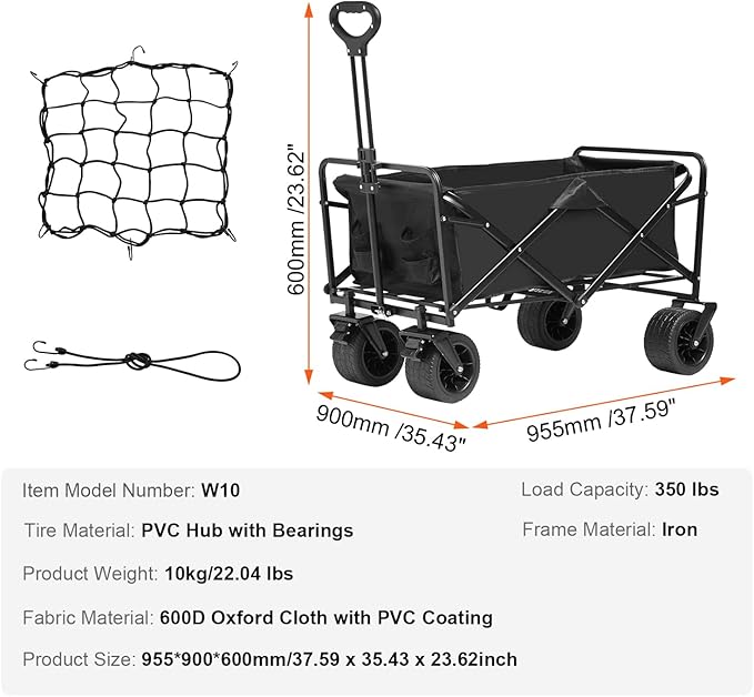 VEVOR 350lbs Collapsible Foldable Wagon Cart, Heavy Duty Foldable Utility Beach Wagon with Big Wheels, Portable Grocery Camping Cart with All Terrain Wheels and Drink Holder