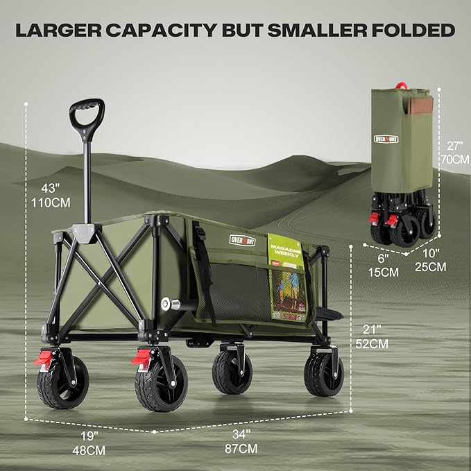 Overmont Collapsible Wagon Cart with Wheels - 220L Foldable Heavy Duty Wagon with Big All-Terrain Wheels - 330Lbs Weight Capacity with Side Pockets for Camping Sports Garden Grocery Shopping Green