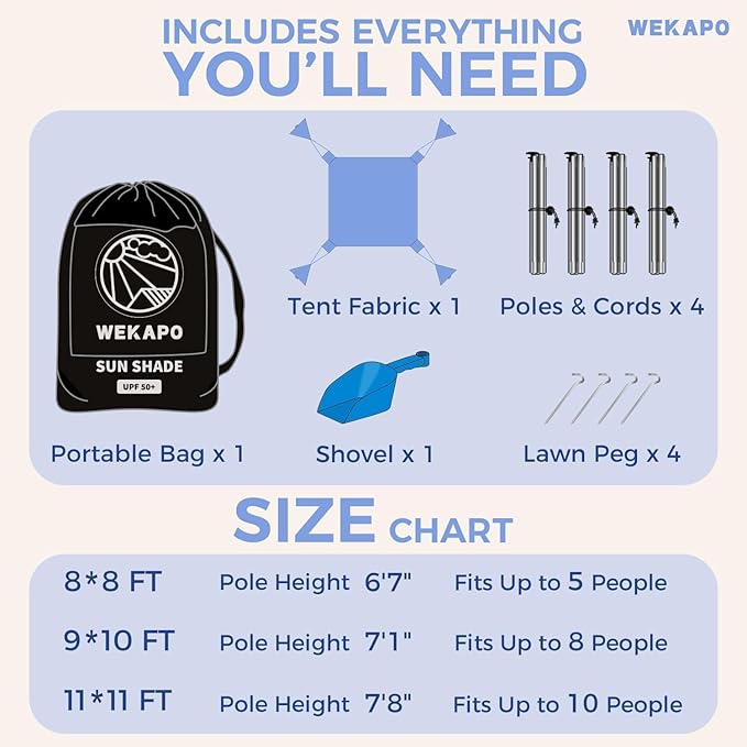 WEKAPO Beach Tent Sun Shelter - Easy Setup Beach Canopy with 4 Sturdy Poles, Large Sandbags and Shovel, 6'7'' Tall, Windproof Sun Shade for Backyard and Camping, UPF 50+ Protection