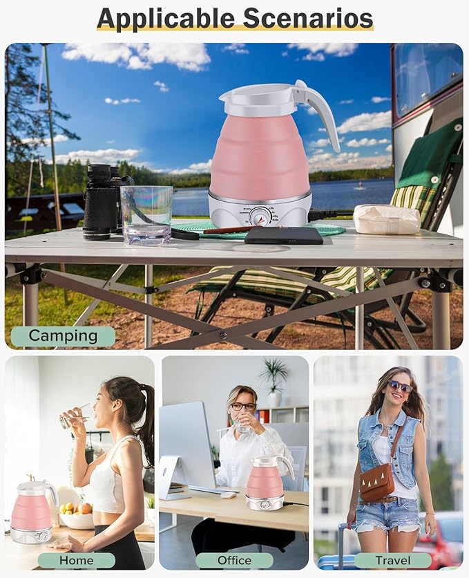 Portable Electric Travel Kettle, 600ml Collapsible Silicone Kettle with Temperature Adjustment Function for Camping, Hotels and Travel