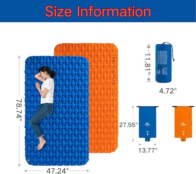 Naturehike Inflatable Double Camping Sleeping Pad, Ultralight Durable 2.55" Thickness Camping Mattress, Compact Air Mat for Hiking, Traveling, Backpacking&Outdoor (Orange)