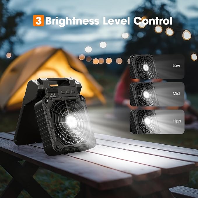 Solar Camping Fan with LED Lantern,10400mAh Rechargeable Battery Powered with Solar Panel and Emergency Power Bank, Perfect Quiet Battery Operated Tent Fan for Picnic, Barbecue, Fishing, Travel