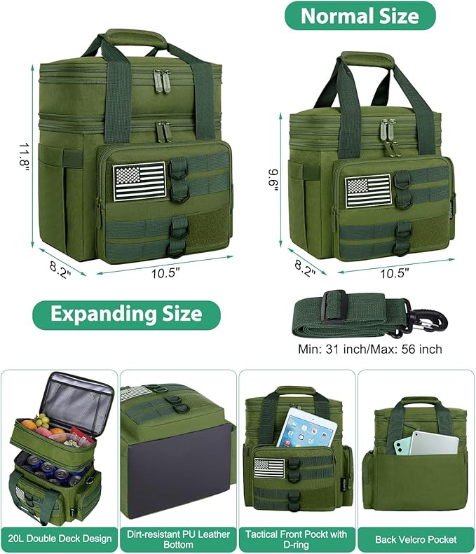 Tactical Lunch Box for Men, Large Insulated Bag Adult, Heavy Duty Double Deck Expandable Cooler Leakproof Waterproof Tote Work Office Camping Travel - Green, LB-KH0606