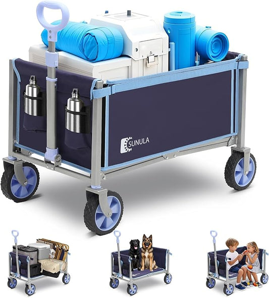 Foldable Wagon Cart 220lbs- 3 in 1 Collapsible Wagon Cart with Wheels, 2 Cup Holders, for Groceries, Camping, Shopping, Garden, Pet Riding-1 Year Warranty