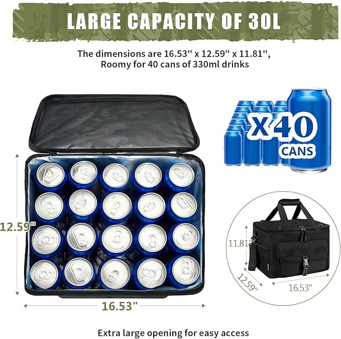 JOYHILL Lunch Box for Men, 40 Cans Large Insulated Lunch Bag, Leakproof Portable Cooler Bag with Shoulder Strap for Camping, Beach, Outdoor, Picnic, Food Delivery 30L,Grey