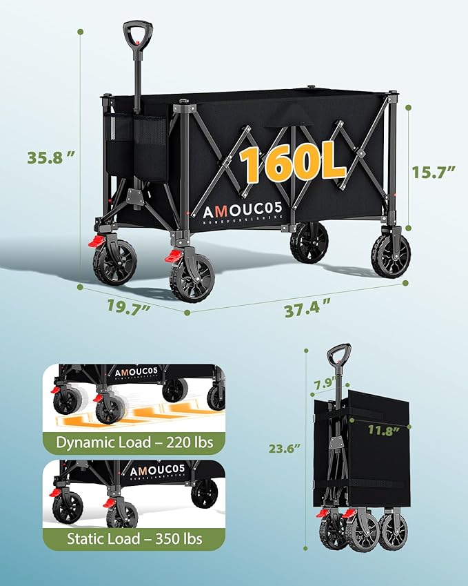 AMADA HOMEFURNISHING Wagons Carts Foldable, Collapsible Wagon with 360° Rotating Wheels and Side Pocket, Large Capacity 350LBS Foldable Wagon Cart for Shopping, Garden, Camping,Sports and Outdoor Use
