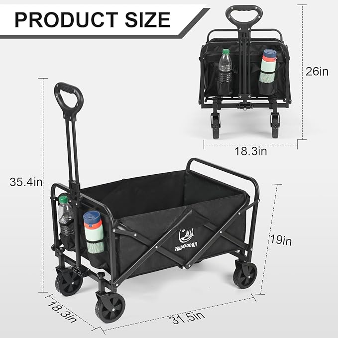 Folding Wagon Cart, Portable Large Capacity Beach，Heavy Duty Utility Collapsible with All-Terrain Wheels，Cart Foldable Wagon for Camping,Shopping,Beach, Garden (Black)
