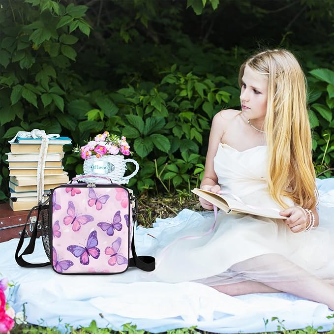 Pardick Butterfly Kids Lunch Bag Purple Insulated Lunch Box Mini Cooler Back to School Thermal Meal Tote Kit Bento Tote Bags Thermal Lunchbox for Boys Girls