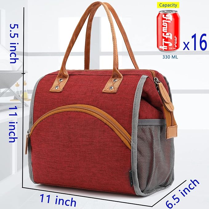 FlowFly Insulated Lunch Bag for Women, Men, and Kids, Large and Reusable, Handle, Work and School Travel Tote and Meal Prep Organizer, Red