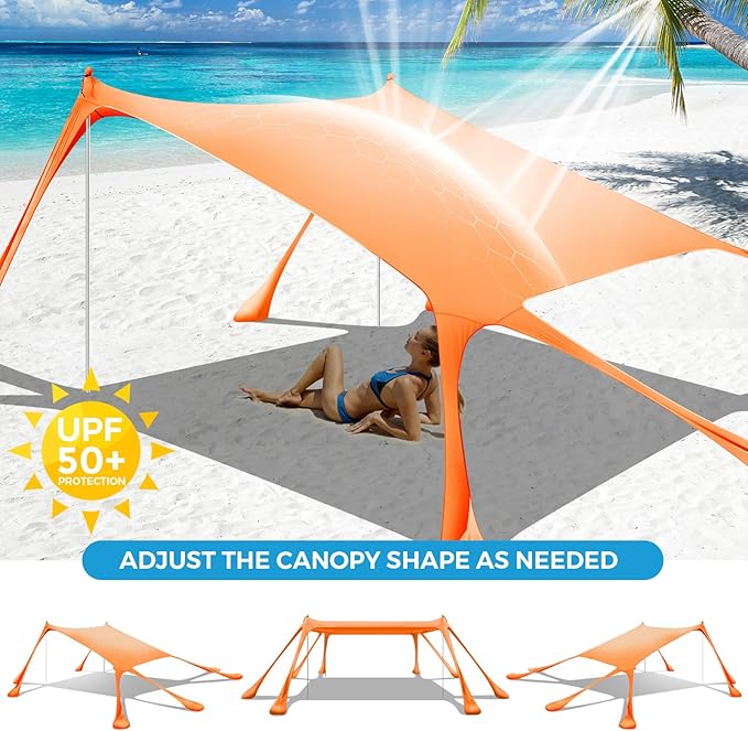 Large Beach Tent Canopy Pop Up Shade 10x10ft Sun Shelter Portable with UPF50+ UV Protection 8 Sandbags 4 Aluminum Poles 2 Sand Shovel Ground Pegs Carrying Bag for Outdoor Camping Fishing Yard Picnics