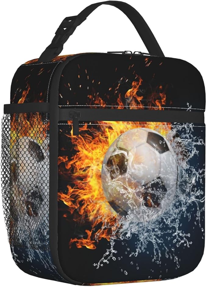 Insulated Durable Football Lunch Box with Shoulder Strap, Kids Adult Fire And Water Soccer School Lunch Bag, Lunch Tote Box Bag for Office School Picnic Beach Travel