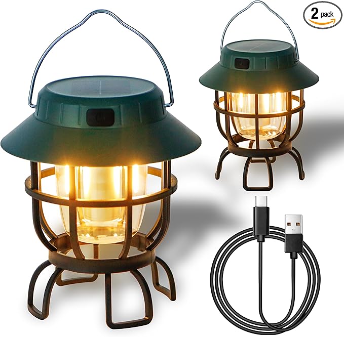 TRIROCKS Set of 2 LED Solar Camping Lantern Dimmable Rechargeable Lantern IPX3 Water-Resistant Portable Emergency Lights Outdoor Camping Lights for Camping Home Power Outage Hurricane Hiking (Green)