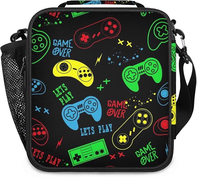 Insulated Lunch Bag for Boys - Reusable Lunch Box Water-Resistant Thermal Cooler Meal Tote Bag with Water Bottle Holder for School Picnic Travel (Colorful Video Game)