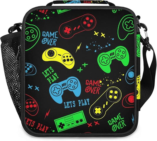 Insulated Lunch Bag for Boys - Reusable Lunch Box Water-Resistant Thermal Cooler Meal Tote Bag with Water Bottle Holder for School Picnic Travel (Colorful Video Game)
