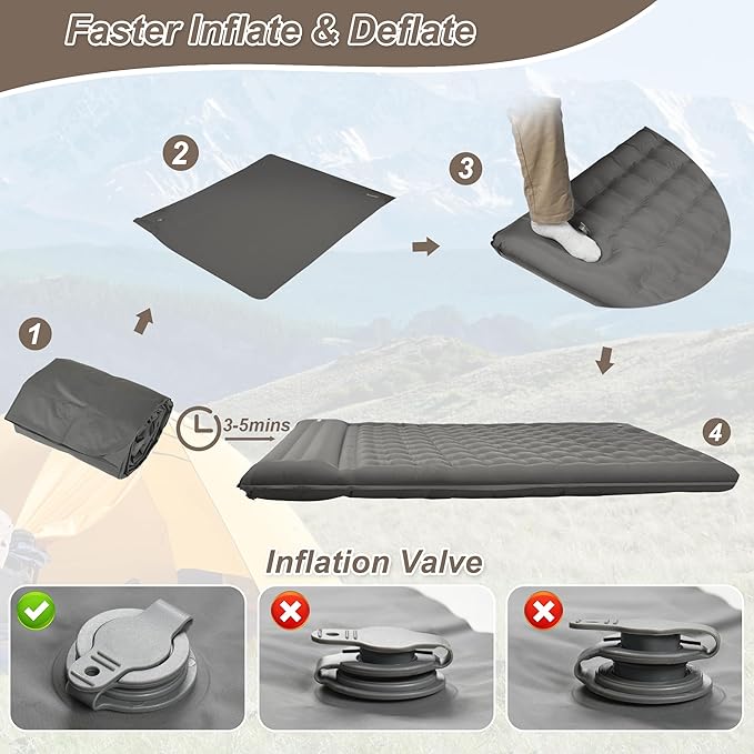 KASIMO Double Sleeping Pad for Camping,5" Ultra-Thick 1.4x2M for 2 Person with Pillow Built-in Foot Pump Inflatable Sleeping Mat for Backpacking, Hiking, Traveling, Tent, Portable Camping Mat