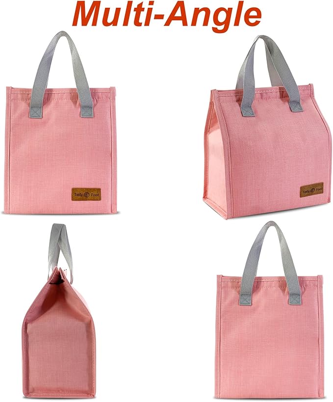 Mziart Minimalist Lunch Bag, Reusable Insulated Bag for Women Men Box Container Leakproof Simple Bento Tote Adults Cooler Work Office Picnic or Travel (Pink) M23HK-LB-005-JJ