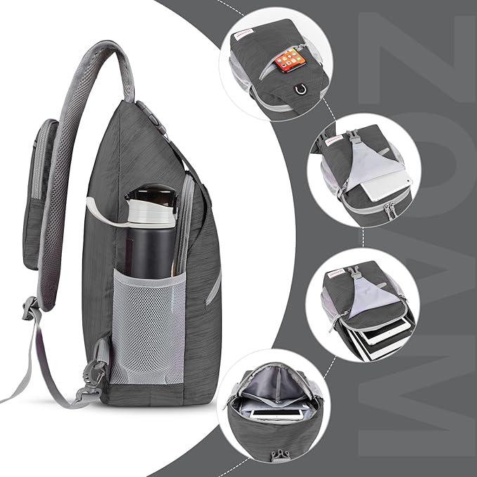 ZOMAKE Sling Bag for Women Men, Small Crossbody Sling Backpack, Mini Water Resistant Shoulder Daypack for Travel, Anti Thief Chest Bag for Hiking, Sports, Black(Stripe)