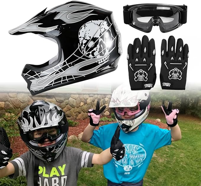 TCT-MOTORPARTS DOT Youth Kids Helmet Motocross ATV Helmets Offroad Street Dirt Bike Go-Kart BMX MX Full Face Helmet Black Skull Medium Size